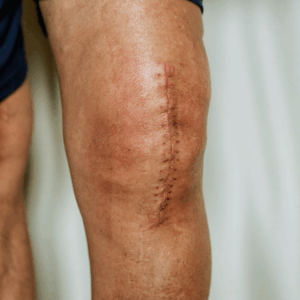 post operative swelling of a man's knee with surgical scar
